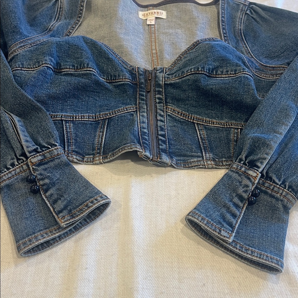 0911003 Western Denim corset long sleeve crop top SZ S EUC